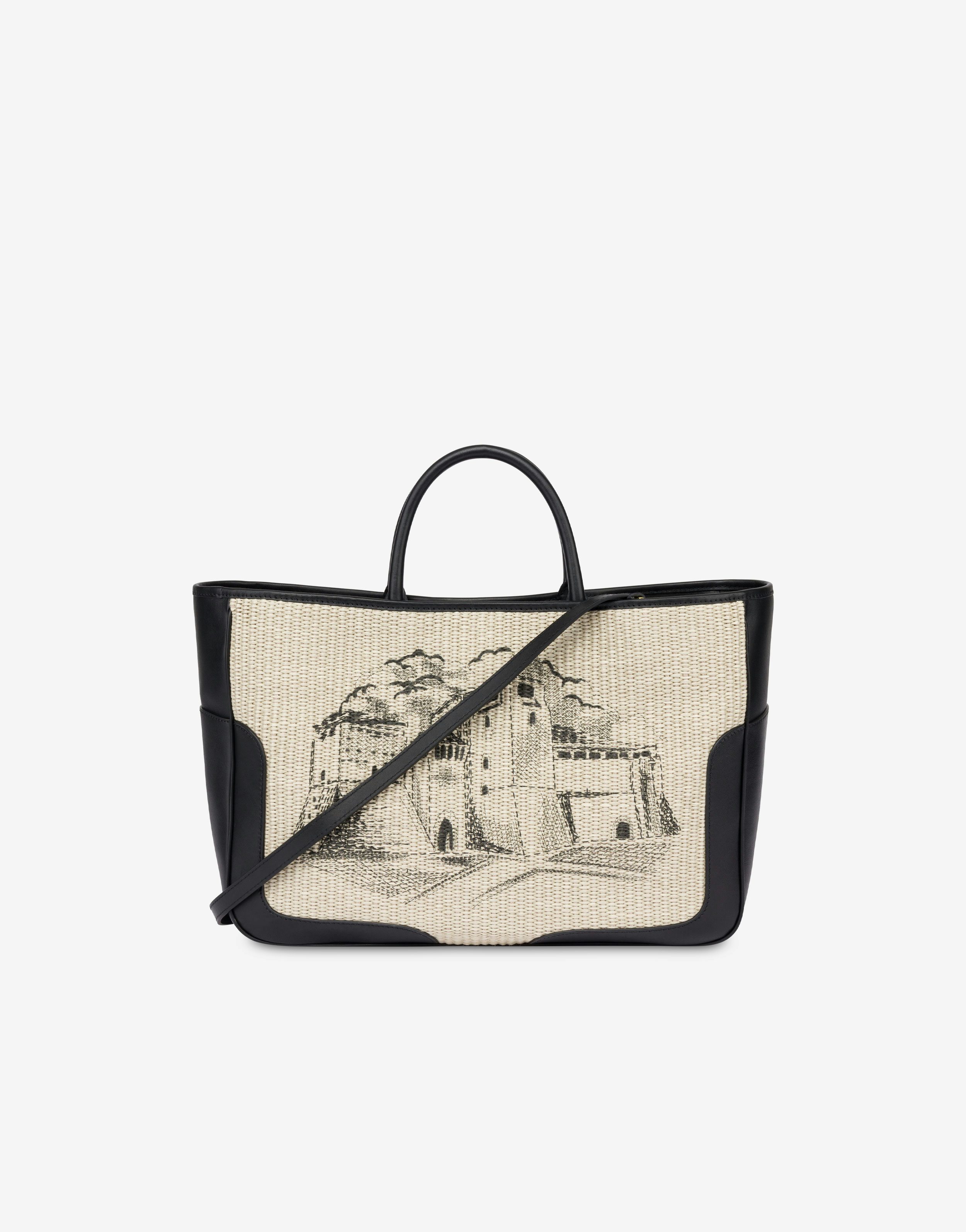 Shopper-Tasche aus Bast und Leder mit Castel Sismondo-Print 0