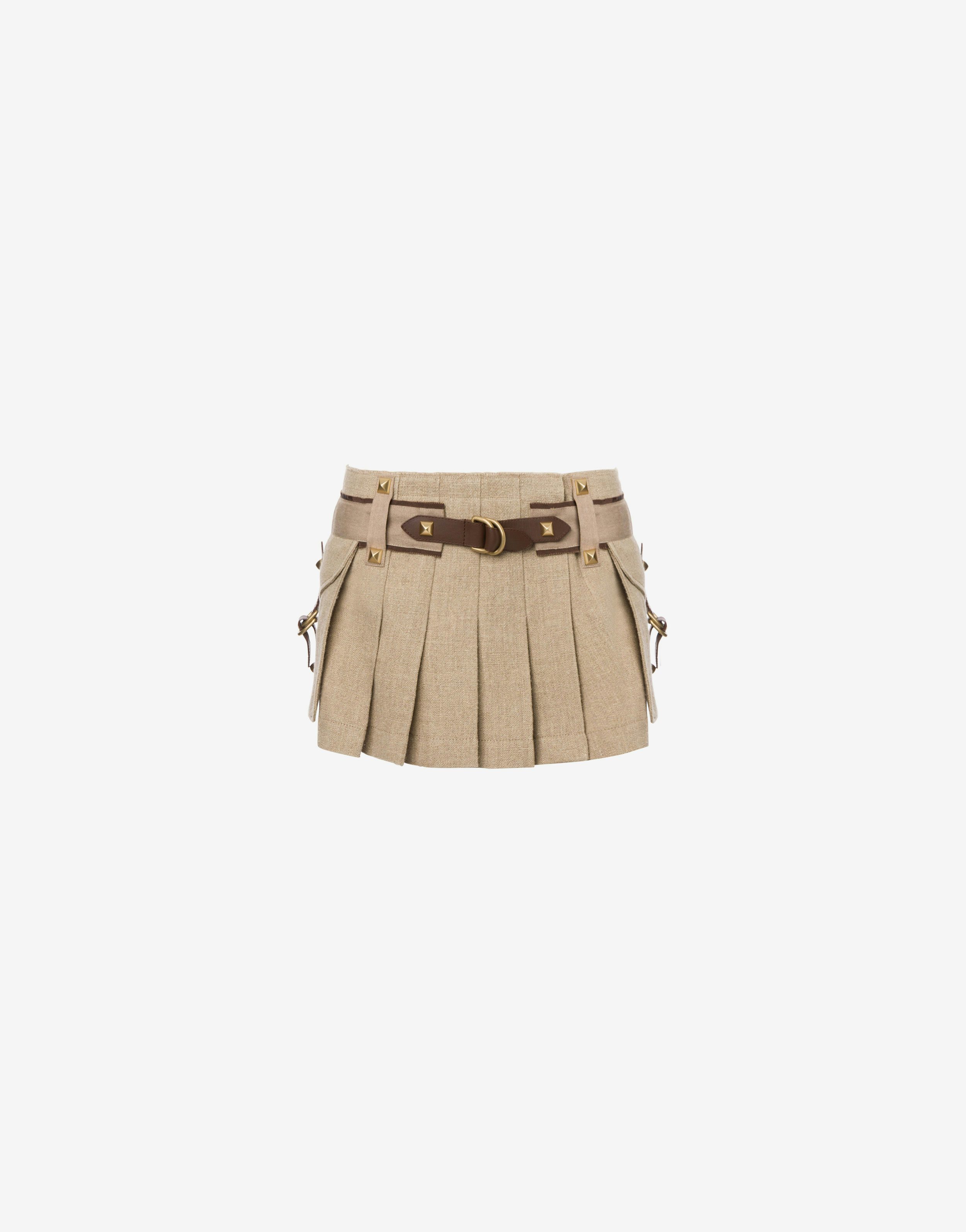 Pleated miniskirt in linen basketweave 1