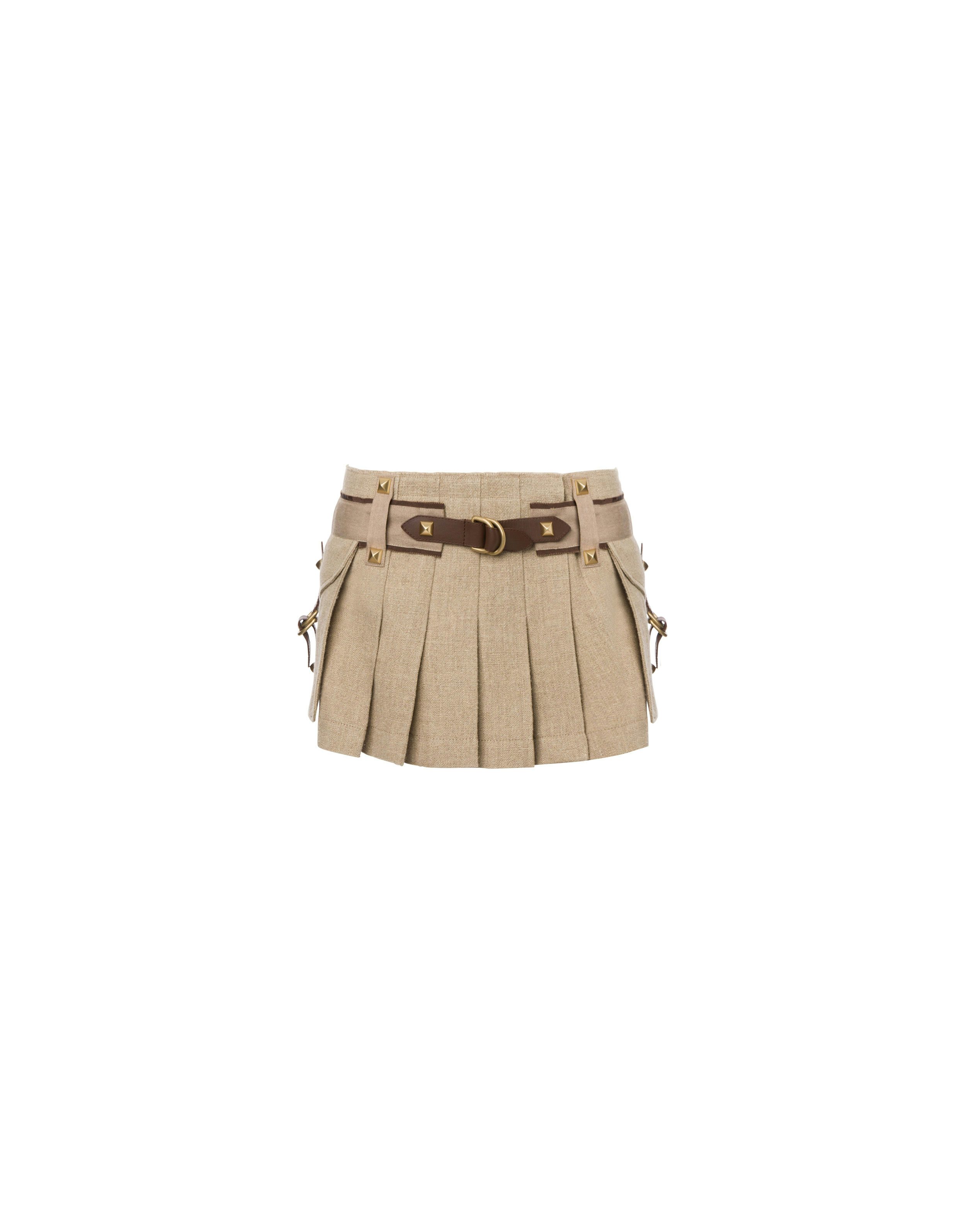 Pleated miniskirt in linen basketweave 0