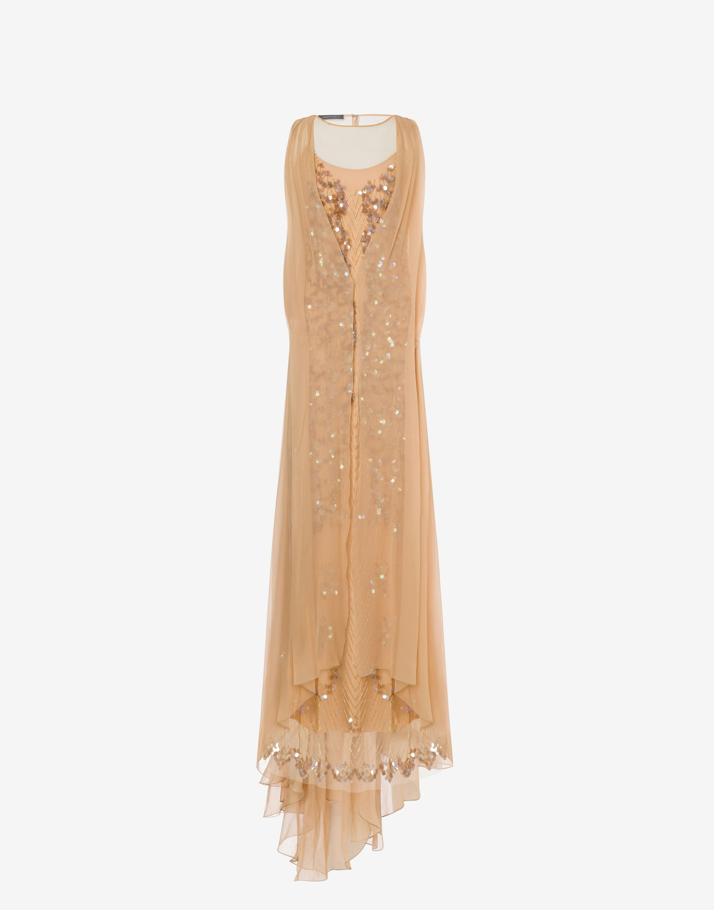 Long dress in sequins and organic chiffon. 0